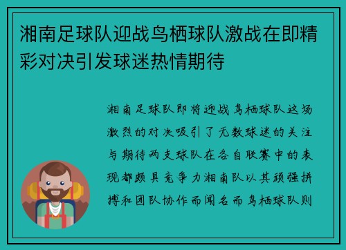 湘南足球队迎战鸟栖球队激战在即精彩对决引发球迷热情期待